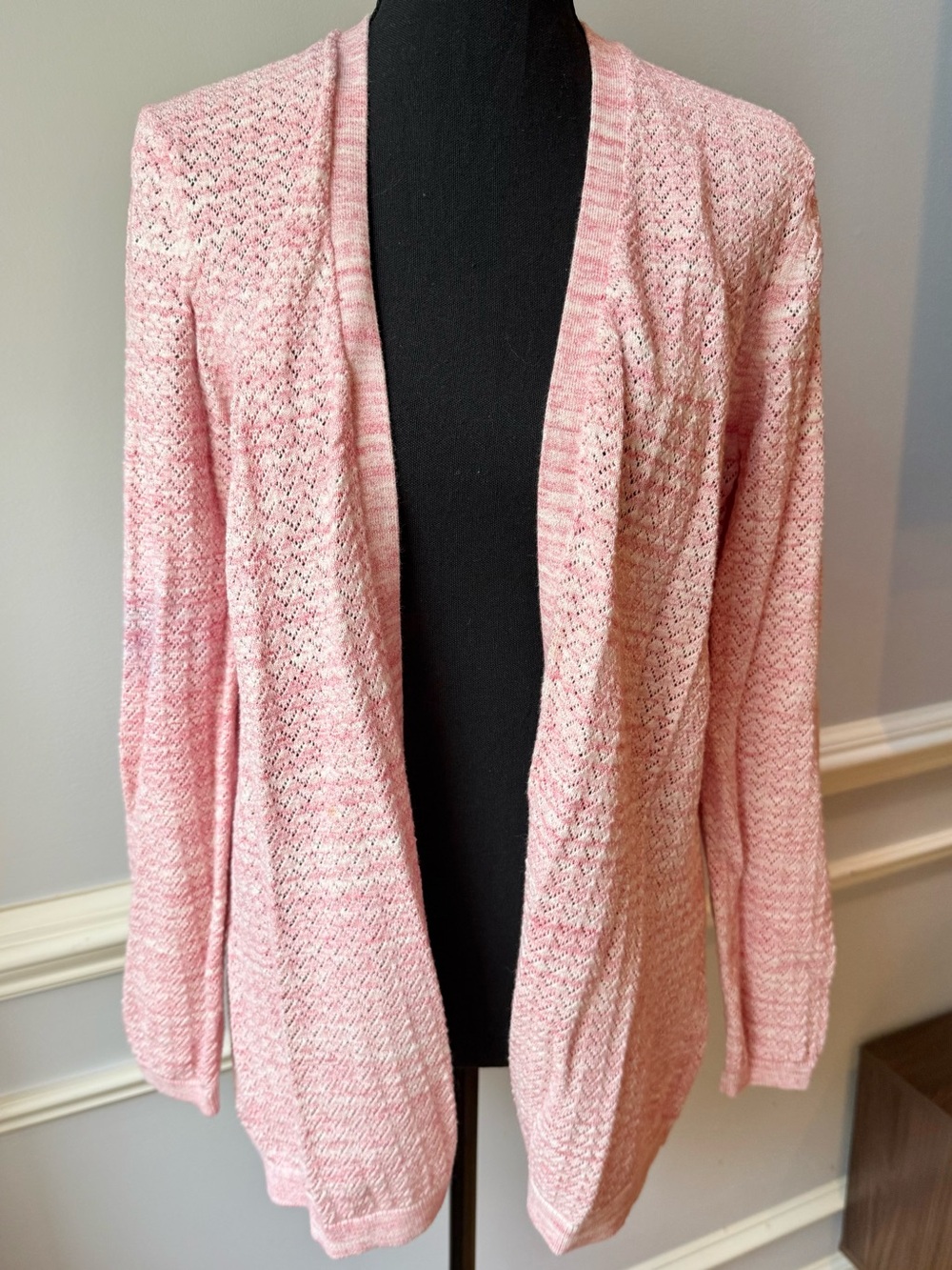 L.L.Bean Pink Marled Open Front Pointelle Cotton Cardigan Sweater XL
